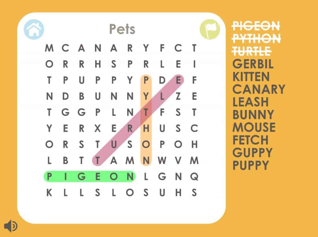 A typical wordsearch game from coolmathgames.com